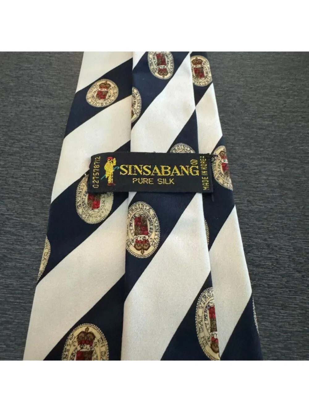 VTG Sinsabang Pure Silk Tie Navy White Striped Royal Crest Motif Made In Korea